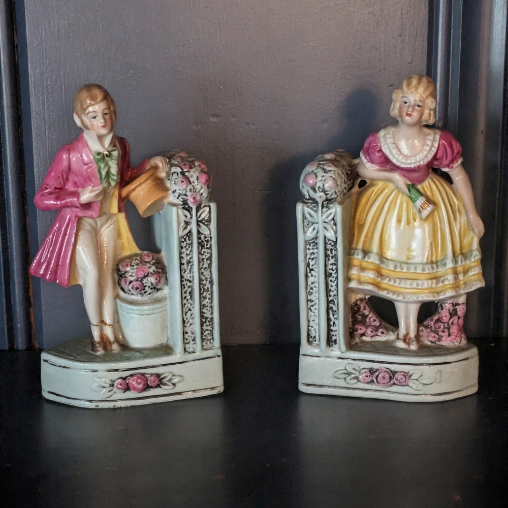 Antique German Porcelain Figural Bookends – Victorian Couple, 19th Century